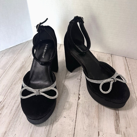 Lane Bryant Dream Cloud Velvet Embellished Platform Heels 8.5 Black Bows Party - Picture 1 of 9